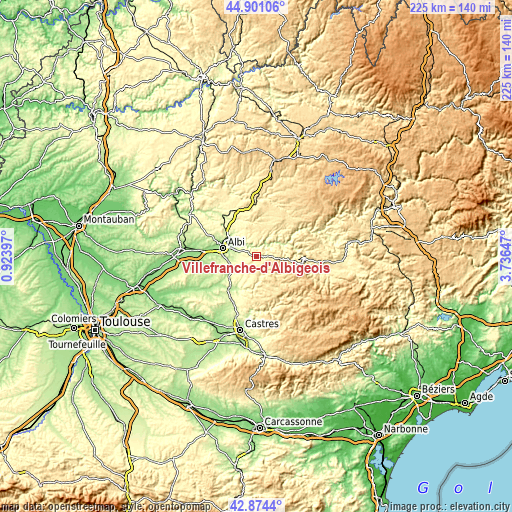 Topographic map of Villefranche-d'Albigeois