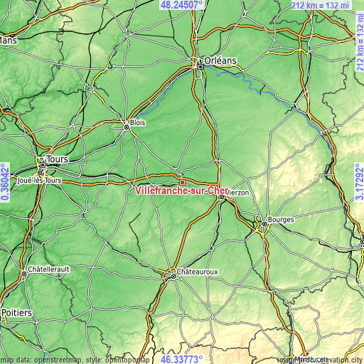 Topographic map of Villefranche-sur-Cher