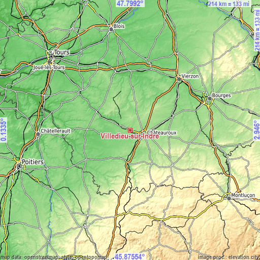 Topographic map of Villedieu-sur-Indre