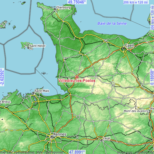 Topographic map of Villedieu-les-Poêles