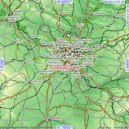 Topographic map of Villebon-sur-Yvette