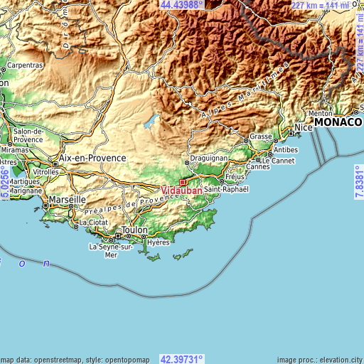 Topographic map of Vidauban