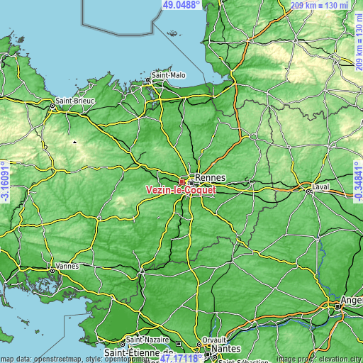 Topographic map of Vezin-le-Coquet