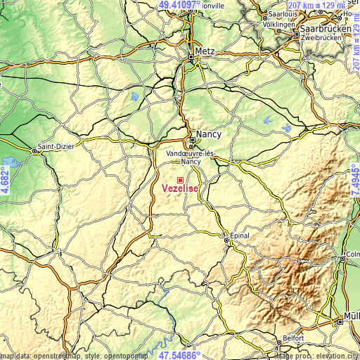 Topographic map of Vézelise