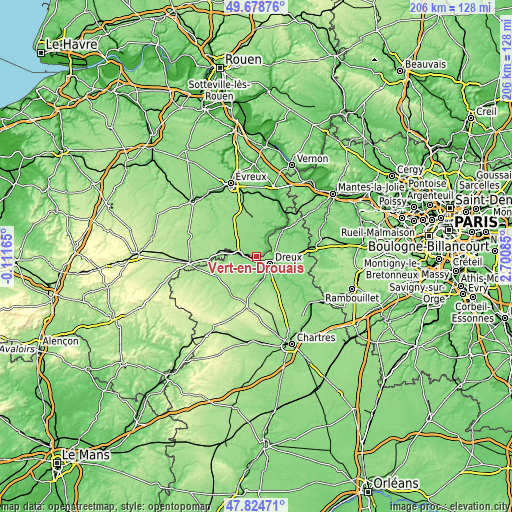 Topographic map of Vert-en-Drouais