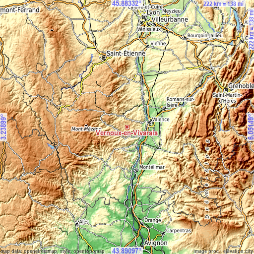 Topographic map of Vernoux-en-Vivarais