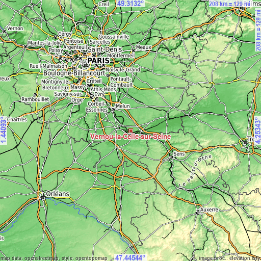 Topographic map of Vernou-la-Celle-sur-Seine