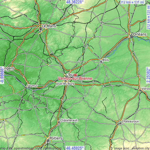 Topographic map of Vernou-sur-Brenne