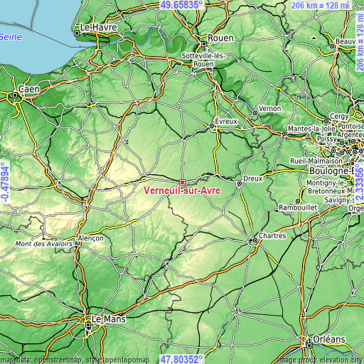 Topographic map of Verneuil-sur-Avre