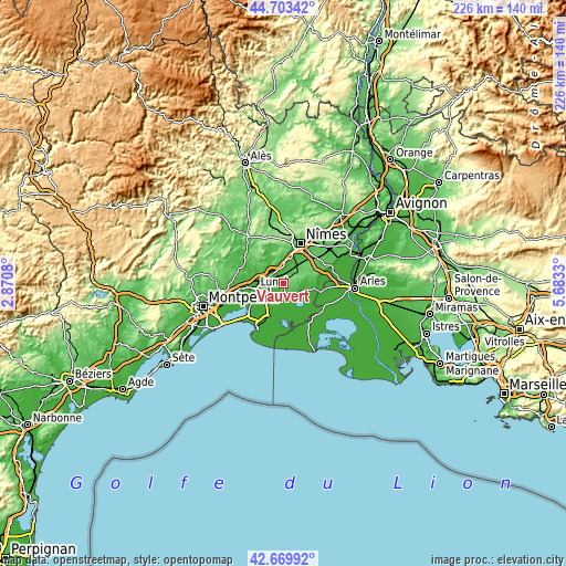 Topographic map of Vauvert
