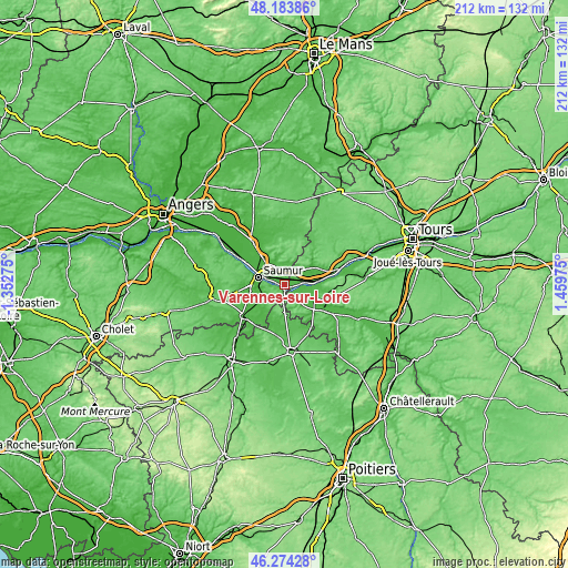 Topographic map of Varennes-sur-Loire