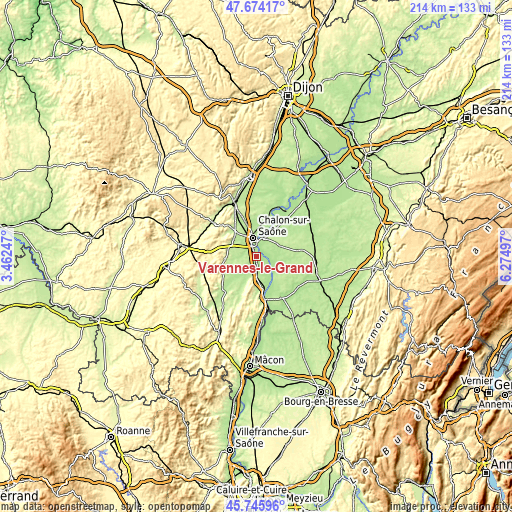 Topographic map of Varennes-le-Grand