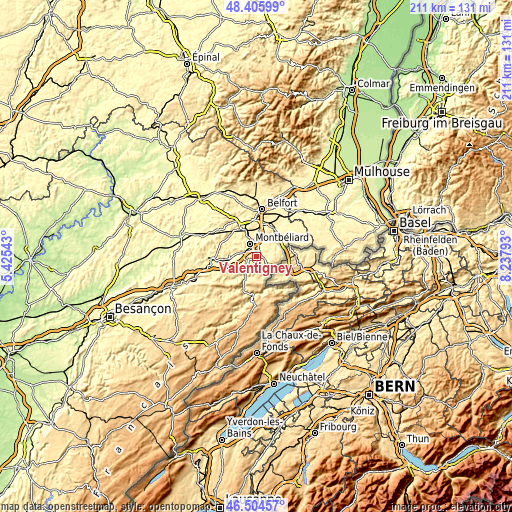 Topographic map of Valentigney