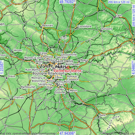 Topographic map of Vaires-sur-Marne