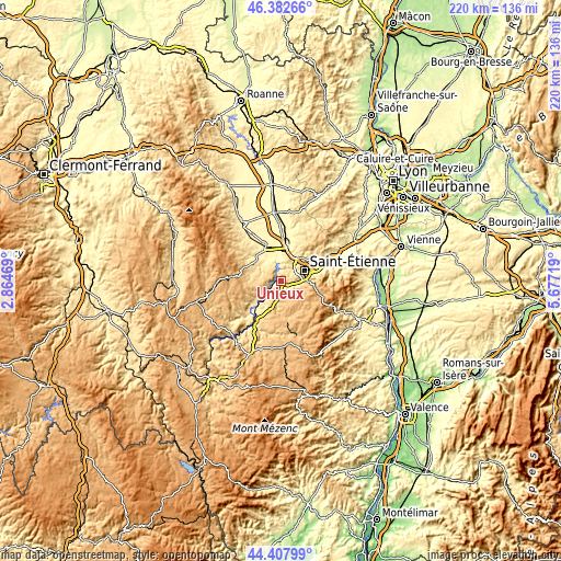 Topographic map of Unieux