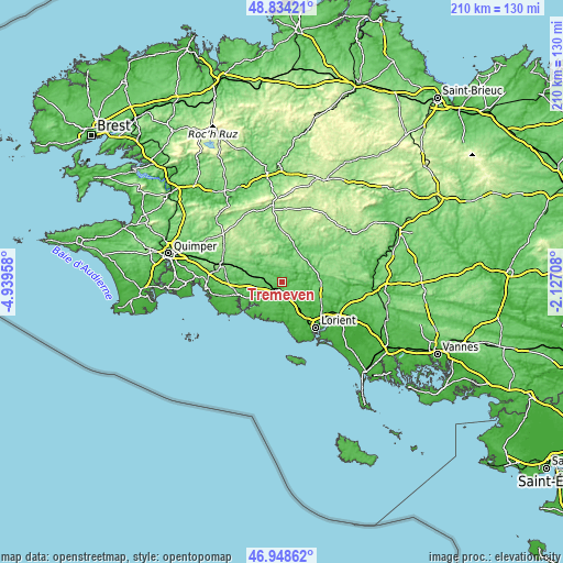 Topographic map of Tréméven