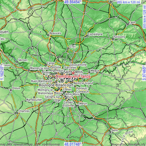 Topographic map of Tremblay-en-France