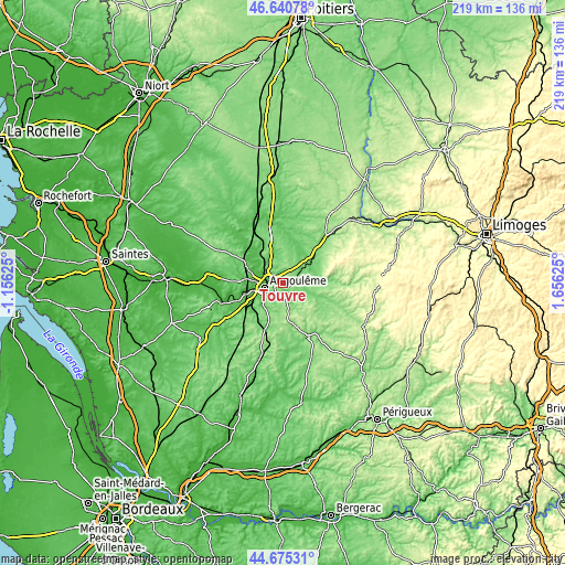 Topographic map of Touvre