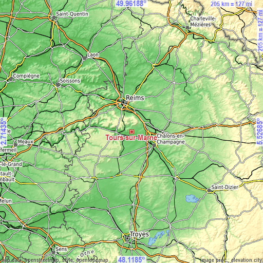 Topographic map of Tours-sur-Marne