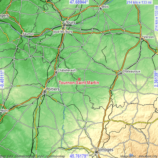 Topographic map of Tournon-Saint-Martin