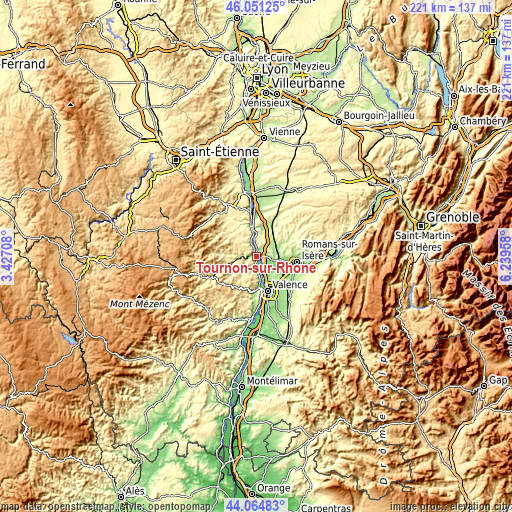 Topographic map of Tournon-sur-Rhône