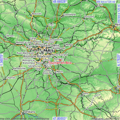 Topographic map of Tournan-en-Brie