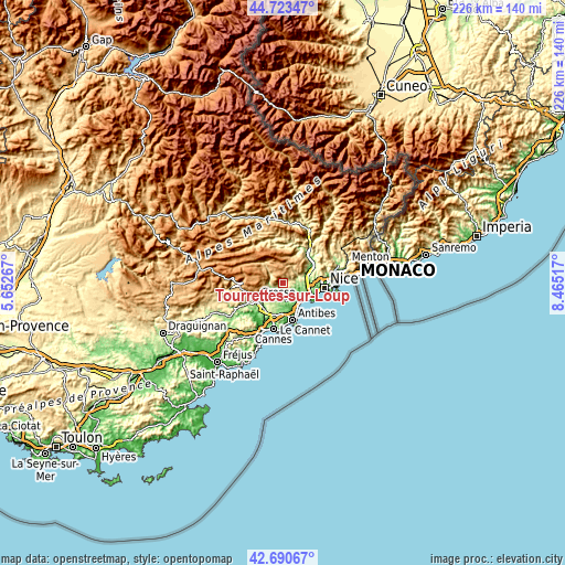 Topographic map of Tourrettes-sur-Loup