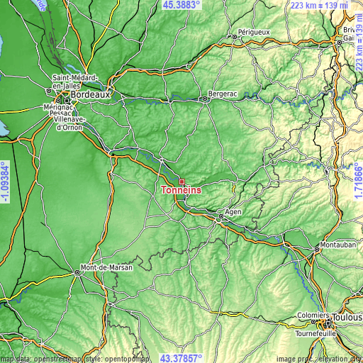 Topographic map of Tonneins