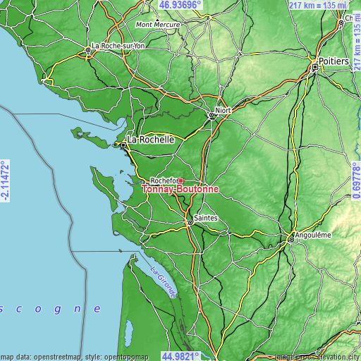 Topographic map of Tonnay-Boutonne