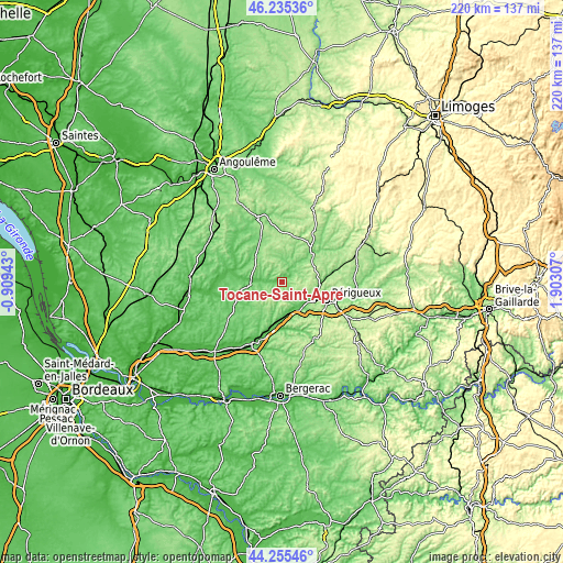 Topographic map of Tocane-Saint-Apre