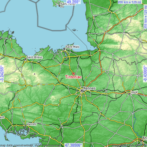 Topographic map of Tinténiac