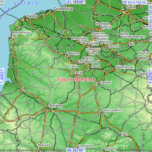 Topographic map of Tilloy-lès-Mofflaines