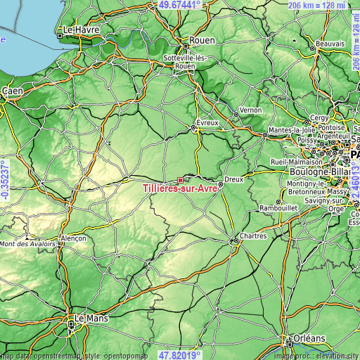 Topographic map of Tillières-sur-Avre