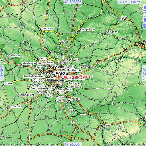 Topographic map of Thorigny-sur-Marne