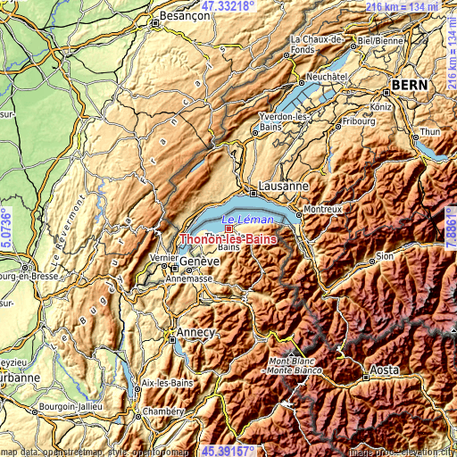 Topographic map of Thonon-les-Bains