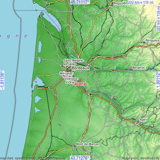 Topographic map of Tabanac