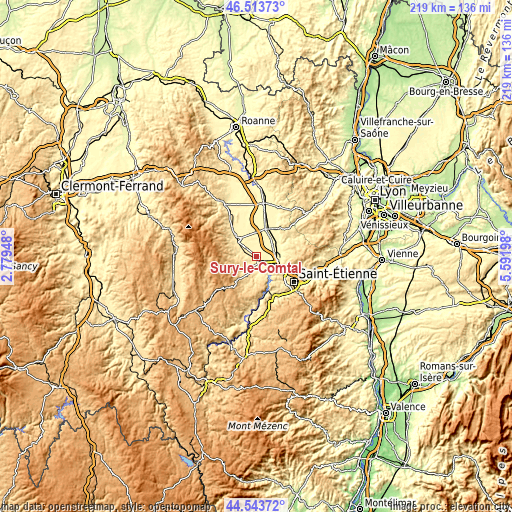 Topographic map of Sury-le-Comtal