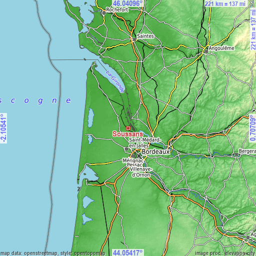 Topographic map of Soussans