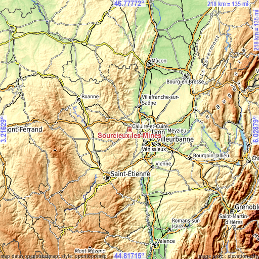 Topographic map of Sourcieux-les-Mines