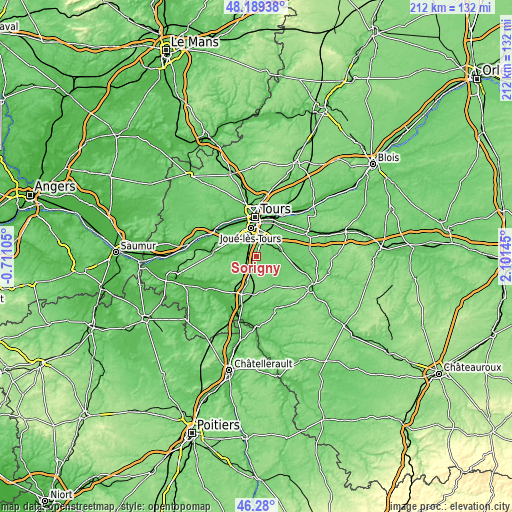 Topographic map of Sorigny