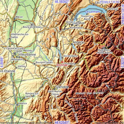 Topographic map of Sonnaz