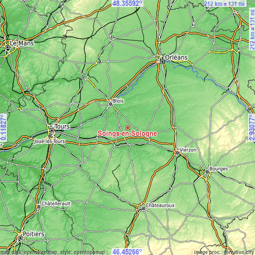 Topographic map of Soings-en-Sologne