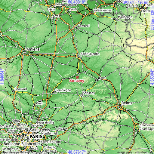 Topographic map of Sinceny