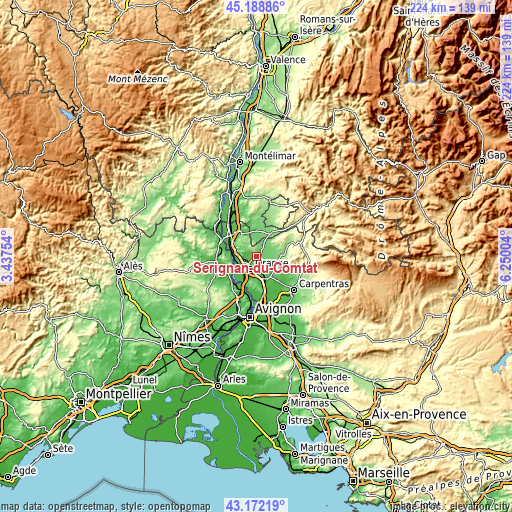 Topographic map of Sérignan-du-Comtat