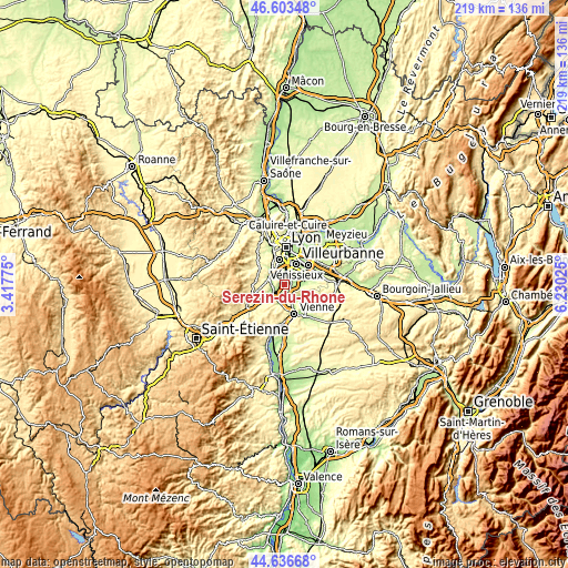 Topographic map of Sérézin-du-Rhône