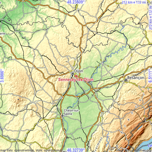 Topographic map of Sennecey-lès-Dijon