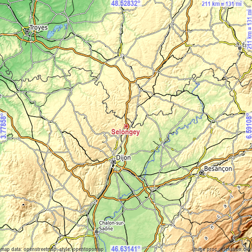 Topographic map of Selongey