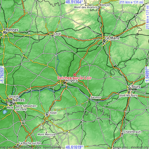 Topographic map of Seiches-sur-le-Loir