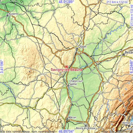 Topographic map of Savigny-lès-Beaune