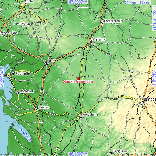 Topographic map of Sauzé-Vaussais